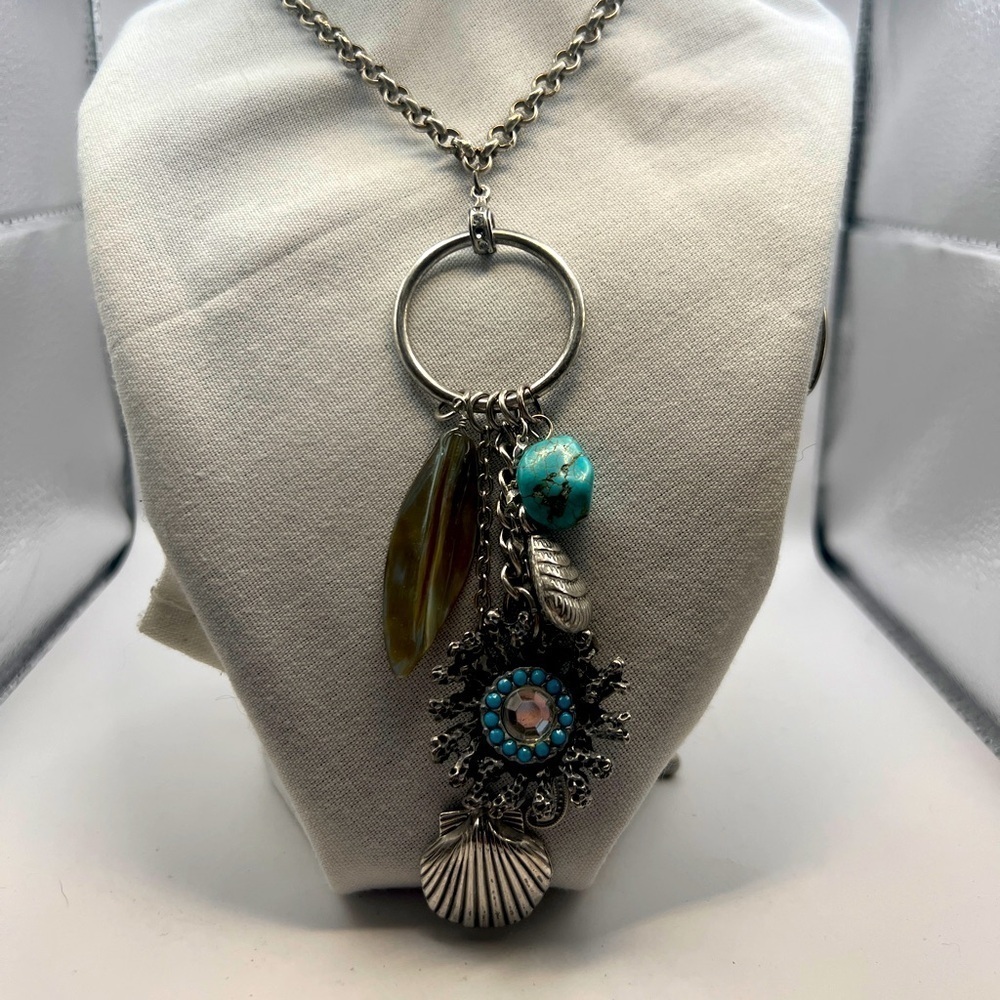 Chico's seahorse, jadeite, seashell long pendant silver tone necklace
